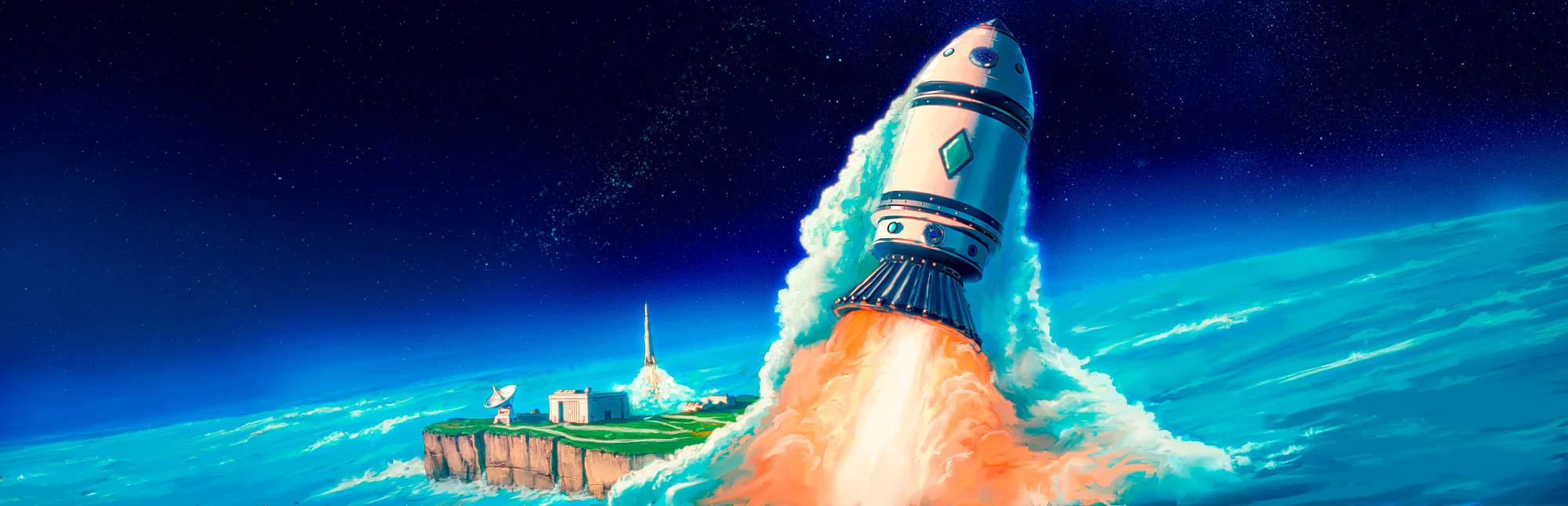 A rocket climbing away from an ocean-side launch complex, key art for 9.8
